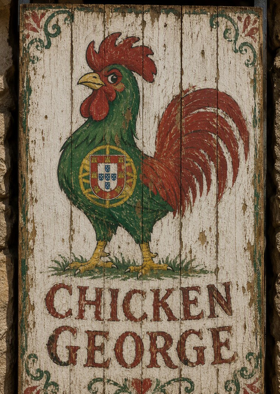 Das Schild: ein Hähnchen in Portugals Farben